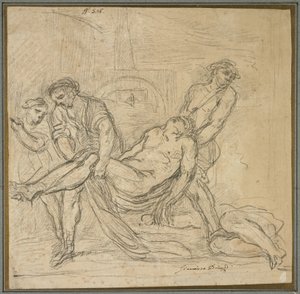 Szent Abdon és Szent Sennen eltemetik a keresztény mártírokat, 1653-1657 körül (fekete kréta papíron) alkotó: Il Borgognone